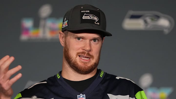 Seattle Seahawks quarterback Sam Darnold talks to media members