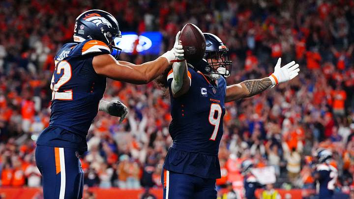 Sep 27, 2026; Denver, Colorado, USA; Denver Broncos safety Talanoa Hufanga (9) celebrates after a game-winning interception against the Los Angeles Rams at Empower Field at Mile High. Mandatory Credit: Ron Chenoy-Imagn Images Sep 27, 2026; Denver, Colorado, USA; Denver Broncos safety Talanoa Hufanga (9) celebrates after a game-winning interception against the Los Angeles Rams at Empower Field at Mile High. Mandatory Credit: Ron Chenoy-Imagn Images