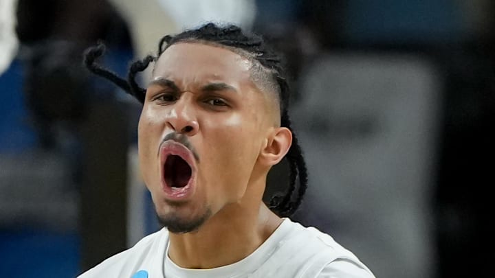 Mar 19, 2026; Greenville, SC, USA; North Carolina Tar Heels forward Jarin Stevenson (15) celebrates after a play against the VCU Rams in the second half of a first round game of the men's 2026 NCAA Tournament at Bon Secours Wellness Arena. Mandatory Credit: Bob Donnan-Imagn Images