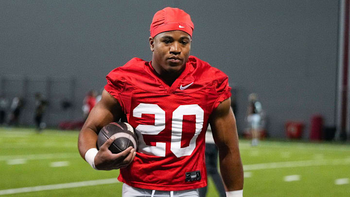 Ohio State Buckeyes running back James Peoples (20) participates in spring football practice at the Woody Hayes Athletic Center on Wednesday, March 19, 2025 in Columbus, Ohio. Ohio State Buckeyes running back James Peoples (20) participates in spring football practice at the Woody Hayes Athletic Center on Wednesday, March 19, 2025 in Columbus, Ohio.