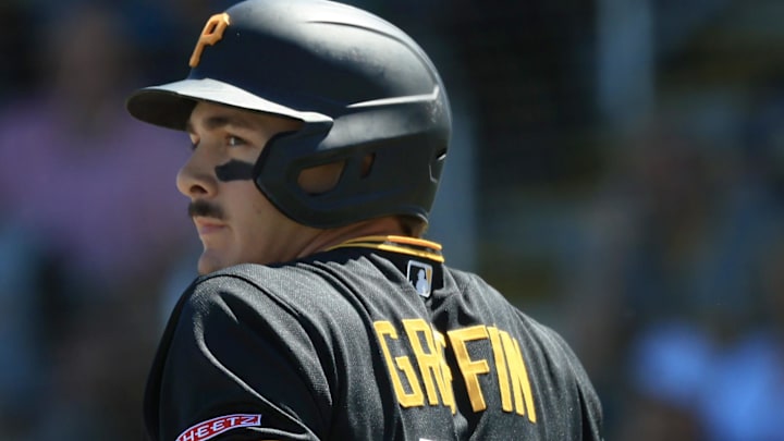Mar 21, 2026; Bradenton, Florida, USA;  Pittsburgh Pirates infielder Konnor Griffin (75)  at bat during the fourth inning against the Toronto Blue Jays at LECOM Park. Mandatory Credit: Kim Klement Neitzel-Imagn Images
