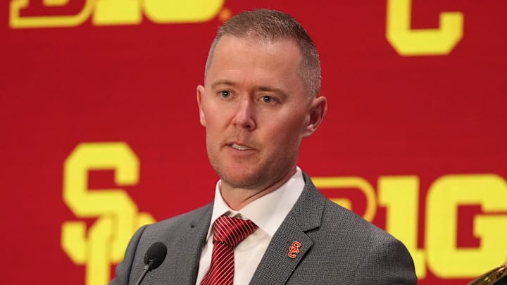Jul 24, 2025; Las Vegas, NV, USA; USC head coach Lincoln Riley speaks to the media during the Big Ten NCAA college football media days at Mandalay Bay Resort. Mandatory Credit: Lucas Peltier-Imagn Images