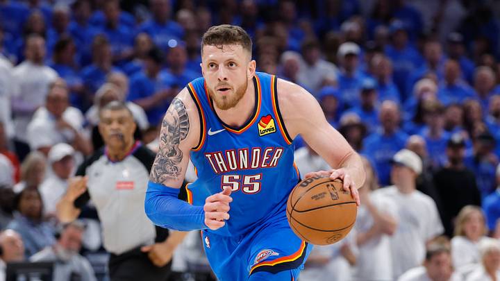 May 20, 2026; Oklahoma City, Oklahoma, USA; Oklahoma City Thunder center Isaiah Hartenstein (55) dribbles the ball and looks to pass during the fourth quarter against the San Antonio Spurs during game two of the western conference finals for the 2026 NBA playoffs at Paycom Center. Mandatory Credit: Alonzo Adams-Imagn Images