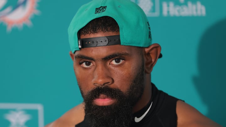 Jul 23, 2025; Miami Gardens, FL, USA; Miami Dolphins linebacker Jordyn Brooks (20) speaks to reporters during training camp at Baptist Health Training Complex. Mandatory Credit: Sam Navarro-Imagn Images