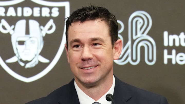 Feb 10, 2026; Henderson, NV, USA; Las Vegas Raiders coach Klint Kubiak speaks at introductory press conference at Intermountain Health Performance Center. Mandatory Credit: Kirby Lee-Imagn Images Feb 10, 2026; Henderson, NV, USA; Las Vegas Raiders coach Klint Kubiak speaks at introductory press conference at Intermountain Health Performance Center. Mandatory Credit: Kirby Lee-Imagn Images