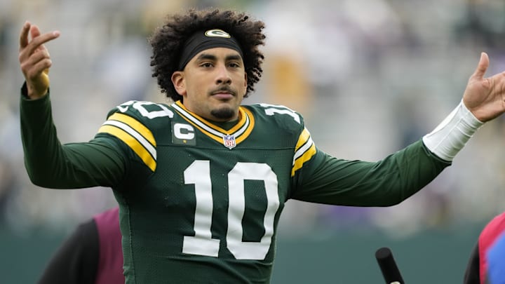 Green Bay Packers quarterback Jordan Love (10)  celebrates the victory over the Minnesota Vikings at Lambeau Field. 