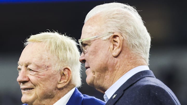 Dec 21, 2025; Arlington, Texas, USA; Dallas Cowboys co-owners Jerry Jones, left, and Stephen Jones, right, stand on the field during pregame warmups against the Los Angeles Chargers at AT&T Stadium. Mandatory Credit: Kevin Jairaj-Imagn Images