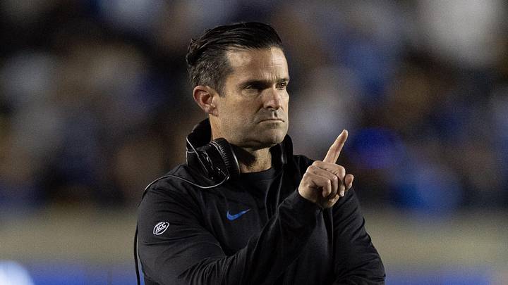 Oct 4, 2025; Berkeley, California, USA; Duke Blue Devils head coach Manny Diaz awaits the resumption of play against the California Golden Bears during the second quarter at California Memorial Stadium. Mandatory Credit: D. Ross Cameron-Imagn Images