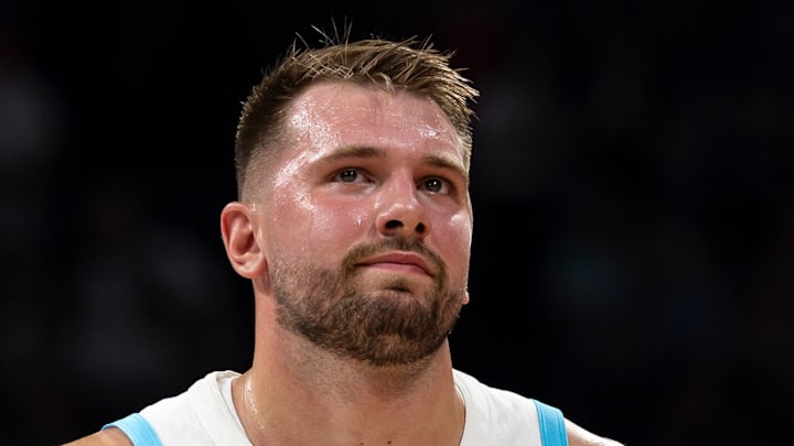 Luka Doncic appears upset during an international friendly Luka Doncic appears upset during an international friendly