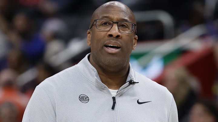 Feb 6, 2026; Detroit, Michigan, USA;  New York Knicks head coach Mike Brown reacts in the first half against the Detroit Pistons at Little Caesars Arena.