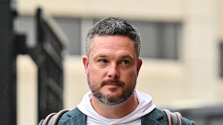 Nov 8, 2025; Iowa City, Iowa, USA; Oregon Ducks head coach Dan Lanning enters Kinnick Stadium before the game against the Iowa Hawkeyes. Mandatory Credit: Jeffrey Becker-Imagn Images