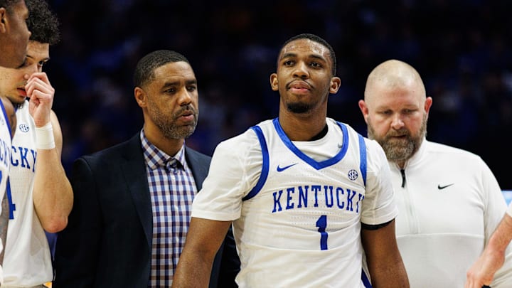 Feb 11, 2025; Lexington, Kentucky, USA; Kentucky Wildcats guard Lamont Butler (1) walks off the court after suffering an injury during the second half against the Tennessee Volunteers at Rupp Arena at Central Bank Center. Mandatory Credit: Jordan Prather-Imagn Images