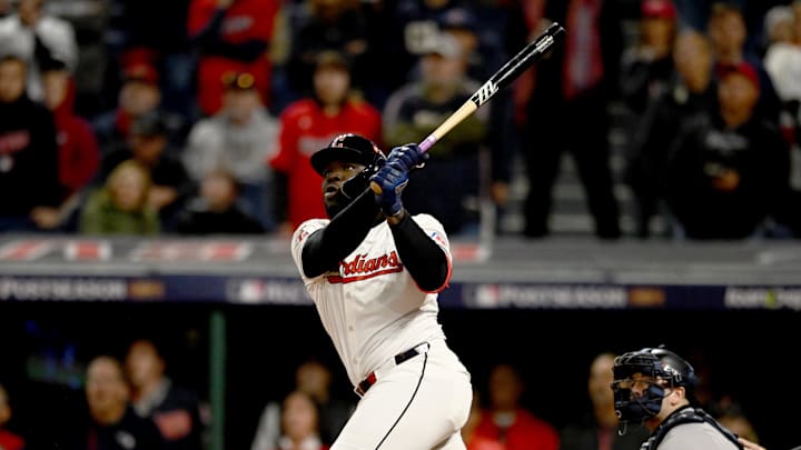 Oct 17, 2024; Cleveland, Ohio, USA; Cleveland Guardians outfielder Jhonkensy Noel (43) hits a two-run home run during the ninth inning against the New York Yankees in game 3 of the American League Championship Series at Progressive Field. Mandatory Credit: Ken Blaze-Imagn Images