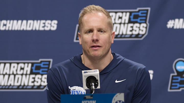 Mar 18, 2026; Portland, OR, USA; BYU Cougars head coach Kevin Young answers questions during a press conference before a practice session ahead of the first round of the men's 2026 NCAA Tournament at Moda Center. Mandatory Credit: Troy Wayrynen-Imagn Images