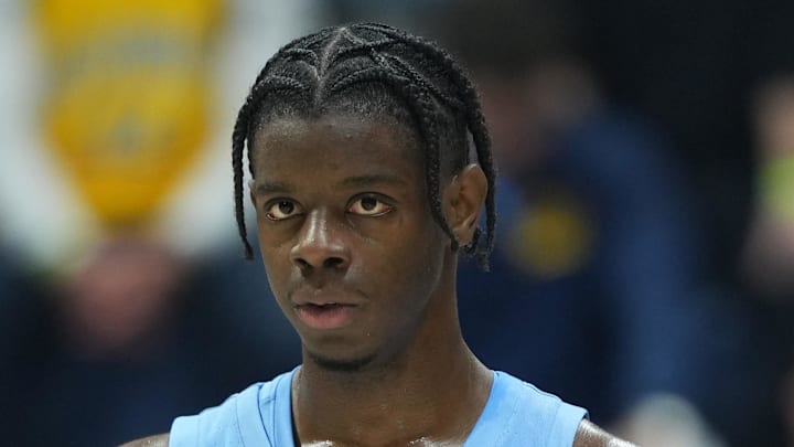 Jan 17, 2026; Berkeley, California, USA; North Carolina Tar Heels forward Caleb Wilson (8) during the first half against the California Golden Bears at Haas Pavilion. Mandatory Credit: Darren Yamashita-Imagn Images