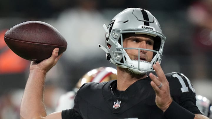 Former Las Vegas Raiders quarterback Nathan Peterman (10) throws the ball against the San Francisco 49ers