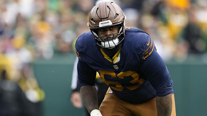 Nov 2, 2025; Green Bay, Wisconsin, USA;  Green Bay Packers offensive tackle Rasheed Walker (63) during the game against the Carolina Panthers at Lambeau Field. Mandatory Credit: Jeff Hanisch-Imagn Images