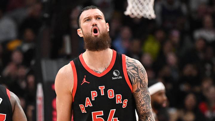 Mar 13, 2026; Toronto, Ontario, CAN;  Toronto Raptors center Sandro Mamukelashvili (54) reacts after missing a basket against the Phoenix Suns in the first half at Scotiabank Arena. Mandatory Credit: Dan Hamilton-Imagn Images