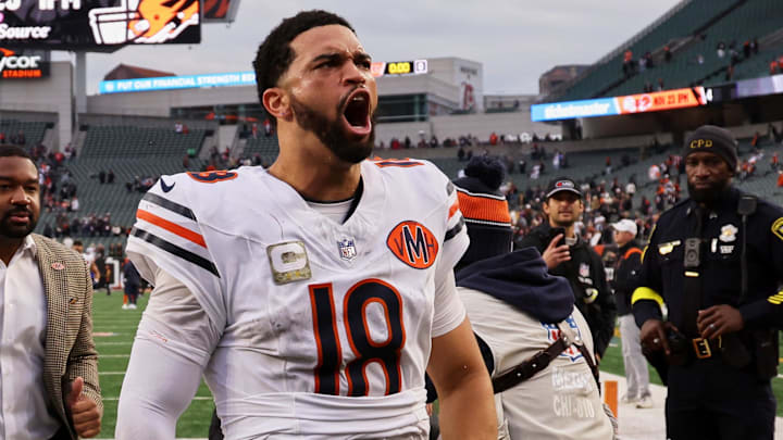Nov 2, 2025; Cincinnati, Ohio, USA; Chicago Bears quarterback Caleb Williams (18) reacts as he walks off the field after defeating the Cincinnati Bengals in the fourth quarter at Paycor Stadium.  