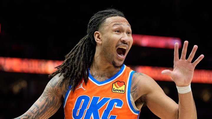 Jan 29, 2026; Minneapolis, Minnesota, USA; Oklahoma City Thunder forward Jaylin Williams (6) gestures to the referee in the second quarter against the Minnesota Timberwolves at Target Center. Mandatory Credit: Matt Blewett-Imagn Images