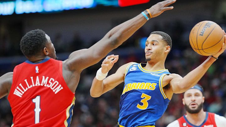 Nov 4, 2022; New Orleans, Louisiana, USA; Golden State Warriors guard Jordan Poole (3) looks to pass the ball against New Orleans Pelicans forward Zion Williamson (1) during the first quarter at Smoothie King Center. Mandatory Credit: Andrew Wevers-Imagn Images Nov 4, 2022; New Orleans, Louisiana, USA; Golden State Warriors guard Jordan Poole (3) looks to pass the ball against New Orleans Pelicans forward Zion Williamson (1) during the first quarter at Smoothie King Center. Mandatory Credit: Andrew Wevers-Imagn Images