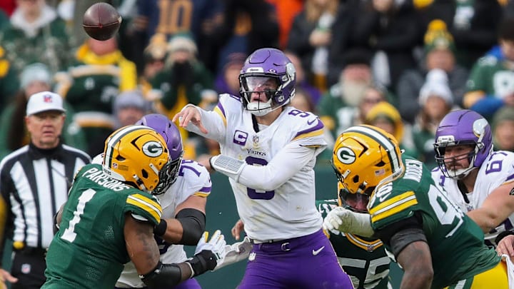 Minnesota Vikings quarterback J.J. McCarthy (9) passes the ball against the Green Bay Packers on Sunday, November 23, 2025, at Lambeau Field in Green Bay, Wis. The Packers won the game, 23-6