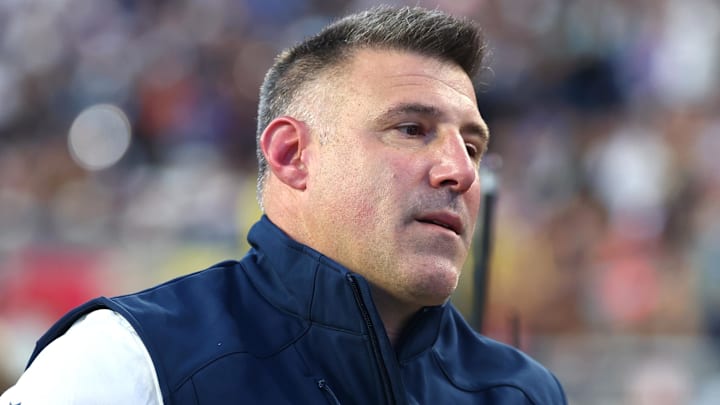 Feb 8, 2026; Santa Clara, CA, USA; New England Patriots head coach Mike Vrabel leaves the field at halftime against the Seattle Seahawks in Super Bowl LX at Levi's Stadium. Mandatory Credit: Mark J. Rebilas-Imagn Images