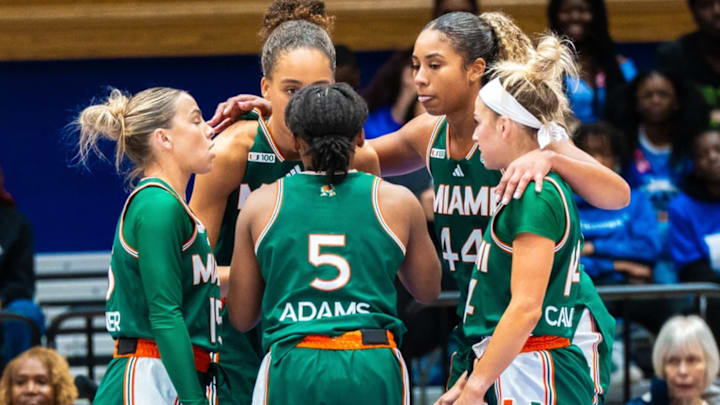 The Miami Hurricanes Women's Basketball team at No. 10 Duke talking during a foul.