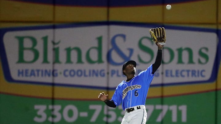 Akron RubberDucks left fielder Kahlil Watson (6) gets under a shot to left by Erie SeaWolves catcher Liam Hicks (19) during the seventh inning of Game 1 of the Eastern League Playoffs at Canal Park, Tuesday, Sept. 17, 2024, in Akron, Ohio. Akron RubberDucks left fielder Kahlil Watson (6) gets under a shot to left by Erie SeaWolves catcher Liam Hicks (19) during the seventh inning of Game 1 of the Eastern League Playoffs at Canal Park, Tuesday, Sept. 17, 2024, in Akron, Ohio.