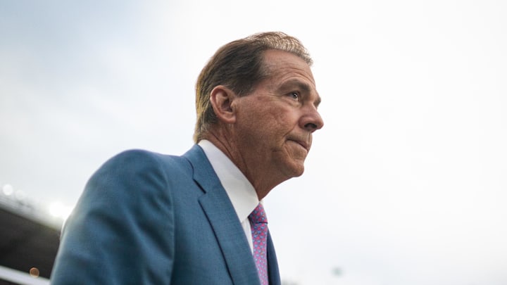 Sep 28, 2024; Tuscaloosa, Alabama, USA; Former Alabama Crimson Tide head coach Nick Saban walks onto the field before a game between the Crimson Tide and Georgia Bulldogs at Bryant-Denny Stadium. Mandatory Credit: Will McLelland-Imagn Images
