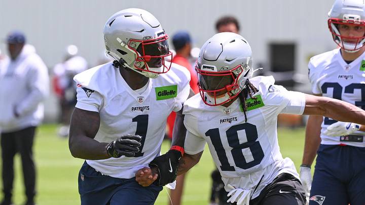 Jun 2, 2026; Foxborough, MA, USA; New England Patriots wide receiver Kyle Williams (18) covers wide receiver A.J. Brown (1) during the team's OTA at Gillette Stadium. Mandatory Credit: Eric Canha-Imagn Images Jun 2, 2026; Foxborough, MA, USA; New England Patriots wide receiver Kyle Williams (18) covers wide receiver A.J. Brown (1) during the team's OTA at Gillette Stadium. Mandatory Credit: Eric Canha-Imagn Images