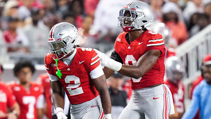 Ohio State Buckeyes safety Caleb Downs and linebacker Sonny Styles celebrate in the second half at Ohio Stadium.