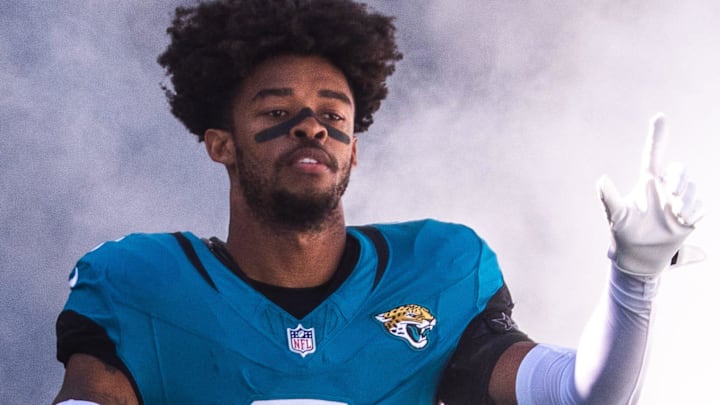 Jacksonville Jaguars cornerback Greg Newsome II (6) enters the field during Salute to Service before the start of an NFL football game at EverBank Stadium, Sunday, November 16, 2025, in Jacksonville, Fla. [Doug Engle/Florida Times-Union]