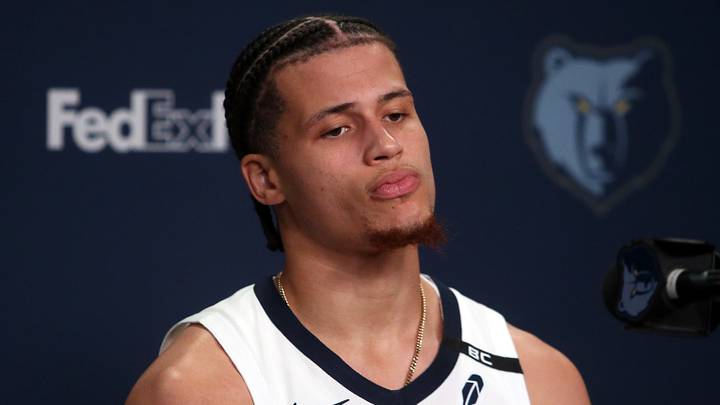 Sep 28, 2026; Memphis, TN, USA; Memphis Grizzlies guard Walter Clayton Jr. (4) speaks to members of the Media at Memphis Grizzlies media day at FedEx Forum. Mandatory Credit: Petre Thomas-Imagn Images
