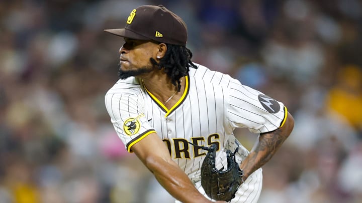 Jul 5, 2025; San Diego, California, USA; San Diego Padres relief pitcher Eduarniel Nunez (79) throws a pitch during the seventh inning against the Texas Rangers at Petco Park. Mandatory Credit: David Frerker-Imagn Images