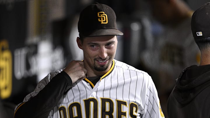 Sep 19, 2023; San Diego, California, USA; San Diego Padres starting pitcher Blake Snell (4) looks on