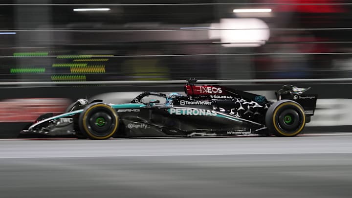 Nov 23, 2024; Las Vegas, Nevada, USA; Mercedes AMG Petronas F1 Team driver George Russell of Great Britain (63) drives during the Las Vegas Grand Prix at the Las Vegas Circuit. Mandatory Credit: Lucas Peltier-Imagn Images