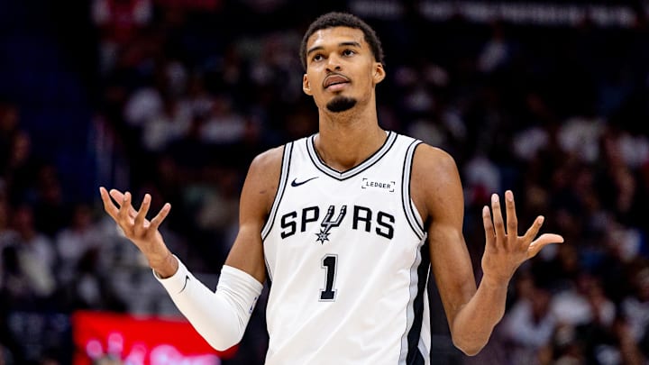 Oct 24, 2025; New Orleans, Louisiana, USA; San Antonio Spurs forward/center Victor Wembanyama (1) reacts to being fouled by New Orleans Pelicans center Derik Queen (not pictured) during the second half at Smoothie King Center. Mandatory Credit: Stephen Lew-Imagn Images Oct 24, 2025; New Orleans, Louisiana, USA; San Antonio Spurs forward/center Victor Wembanyama (1) reacts to being fouled by New Orleans Pelicans center Derik Queen (not pictured) during the second half at Smoothie King Center. Mandatory Credit: Stephen Lew-Imagn Images
