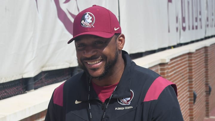 Florida State football and coaches players arrive for the fifth FSU spring football practice of the