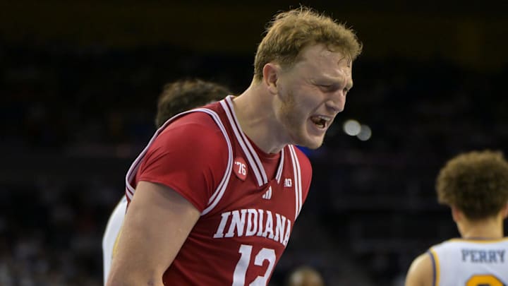 Indiana Hoosiers forward Tucker DeVries (12) celebrates against UCLA at Pauley Pavilion presented by Wescom Financial.