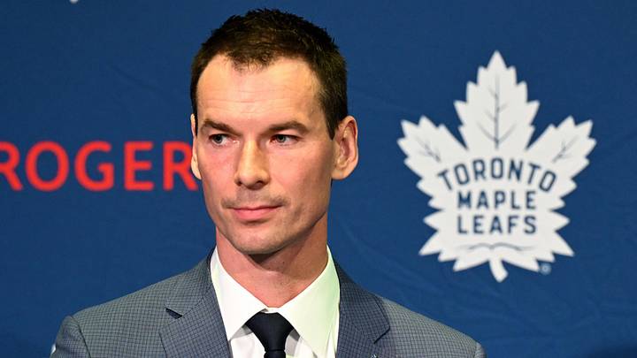 May 4, 2026; Toronto, Ontario, CANADA; Toronto Maple Leafs general manager John Chayka speaks to the media  at Real Sports Bar. Mandatory Credit: Dan Hamilton-Imagn Images