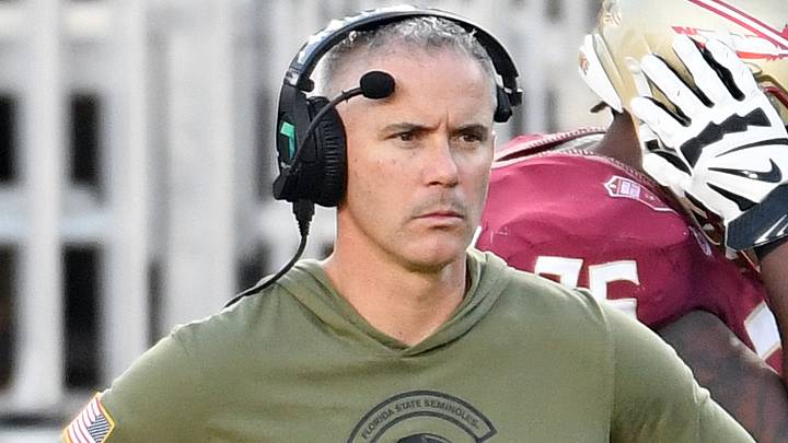 Nov 2, 2024; Tallahassee, Florida, USA; Florida State Seminoles head coach Mike Norvell looks on from the sideline after the North Carolina Tarheels score a final touchdown in the fourth quarter at Doak S. Campbell Stadium. Mandatory Credit: Robert Myers-Imagn Images Nov 2, 2024; Tallahassee, Florida, USA; Florida State Seminoles head coach Mike Norvell looks on from the sideline after the North Carolina Tarheels score a final touchdown in the fourth quarter at Doak S. Campbell Stadium. Mandatory Credit: Robert Myers-Imagn Images