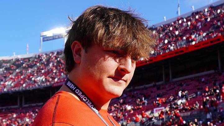 Tri-Village offensive tackle Dominic Black visits Ohio Stadium on the day of the Ohio State Buckeyes football game against the Rutgers Scarlet Knights on Nov. 22, 2025.