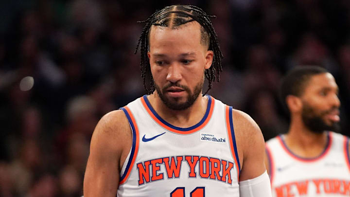 Apr 9, 2026; New York, New York, USA; New York Knicks guard Jalen Brunson (11) reacts during the fourth quarter against the Boston Celtics at Madison Square Garden. Mandatory Credit: Lucas Boland-Imagn Images