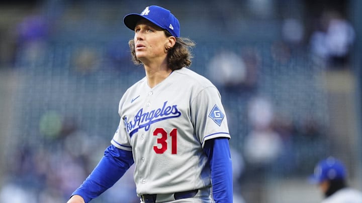 Apr 17, 2026; Denver, Colorado, USA; Los Angeles Dodgers starting pitcher Tyler Glasnow (31) walks off the mound in the first inning against the Colorado Rockies at Coors Field. Mandatory Credit: Ron Chenoy-Imagn Images