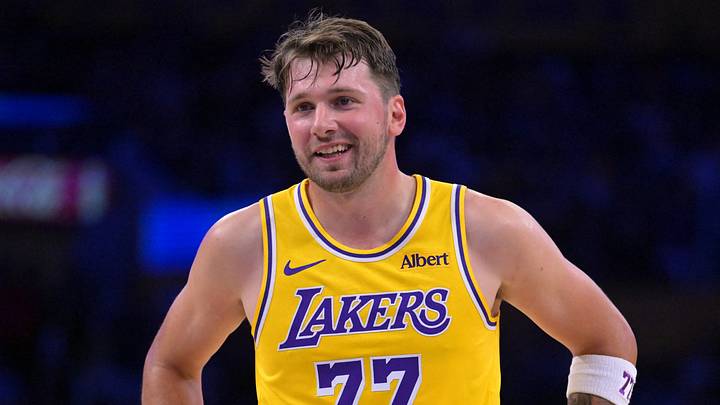 Oct 8, 2026; Los Angeles, California, USA;  Los Angeles Lakers guard Luka Doncic (77) smiles at the free throw line during the second half against the Sacramento Kings at Crypto.com Arena. Mandatory Credit: Jayne Kamin-Oncea-Imagn Images