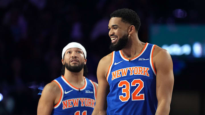 Feb 14, 2026; Los Angeles, CA, USA; 
Team Knicks guard Jalen Brunson (11) of the New York Knicks and center Karl-Anthony Towns (32) of the New York Knicks react during the shooting stars competition during the 2026 NBA All Star Saturday Night at Intuit Dome. Mandatory Credit: Kirby Lee-Imagn Images