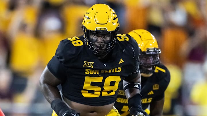 Oct 25, 2025; Tempe, Arizona, USA; Arizona State Sun Devils offensive lineman Max Iheanachor (58) against the Houston Cougars at Mountain America Stadium. Mandatory Credit: Mark J. Rebilas-Imagn Images Oct 25, 2025; Tempe, Arizona, USA; Arizona State Sun Devils offensive lineman Max Iheanachor (58) against the Houston Cougars at Mountain America Stadium. Mandatory Credit: Mark J. Rebilas-Imagn Images