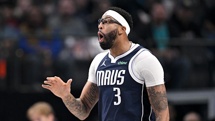 Dec 12, 2025; Dallas, Texas, USA; Dallas Mavericks forward Anthony Davis (3) reacts to a foul call during the first quarter against the Brooklyn Nets at the American Airlines Center. Mandatory Credit: Jerome Miron-Imagn Images