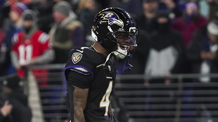 Dec 21, 2025; Baltimore, Maryland, USA;  Baltimore Ravens wide receiver Zay Flowers (4) reacts during the first quarter of the game against the New England Patriots at M&T Bank Stadium. Mandatory Credit: James Lang-Imagn Images